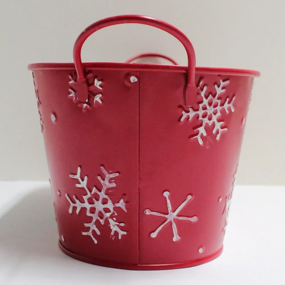 Metal Red White & Black Winter Christmas Basket Tin with Handles by Celebrate It